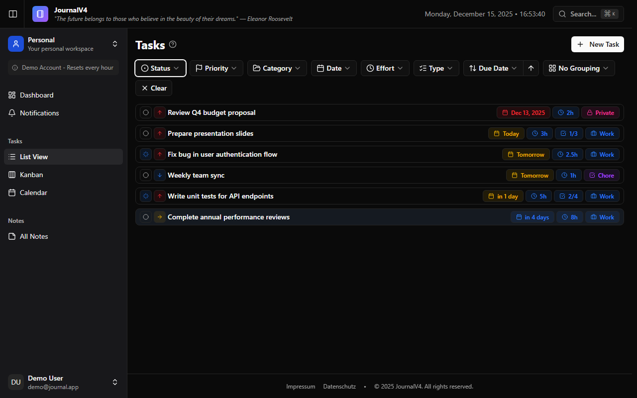 JournalV4 task management interface
